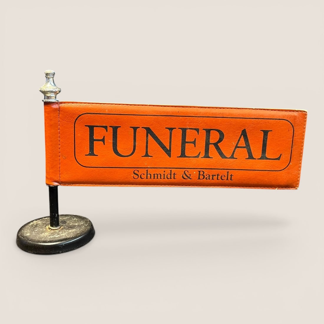 Vintage Funeral Sign: Vintage Funeral Flag Sign, 11 x 7, excellent original conditionWe provide in-house shipping on all items in the auction. Bid directly at Bid.Ziebarths.com for a lower buyers premium (18%).