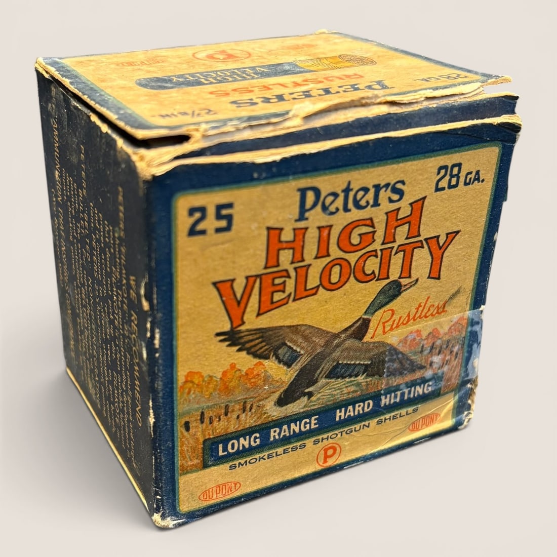 Rare Full Box Of Vintage Peters High Velocity 28 gauge Shotgun Shells: Rare to find in 28 gauge, a full box of Peters High Velocity 28 gauge shotgun shells, slight wear to box but completeWe provide in-house shipping on all items in the auction. Bid directly at Bid.Zieba