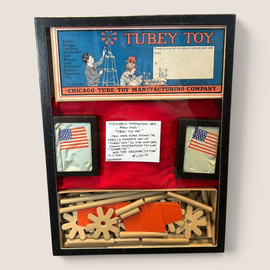 Early 1900s Tubey Toy Set With Flags And Box: Excellent antique Tubey Toy Set with box and 25 Star Flags Made by Tube toy company Chicago Bid directly at Bid.Ziebarths.com for a lower buyers premium (18%). We offer in-house shipping on all items.