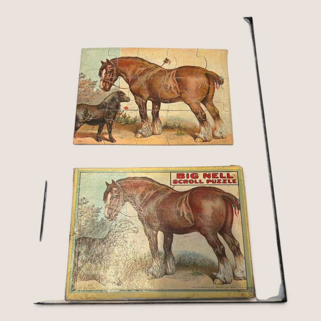 Antique Milton Bradley Big Nell Horse Puzzle With Box: Very nice antique Milton Bradley Big Nell horse puzzle with the original box 10 x 7 excellent Bid directly at Bid.Ziebarths.com for a lower buyers premium (18%). We offer in-house shipping on all item