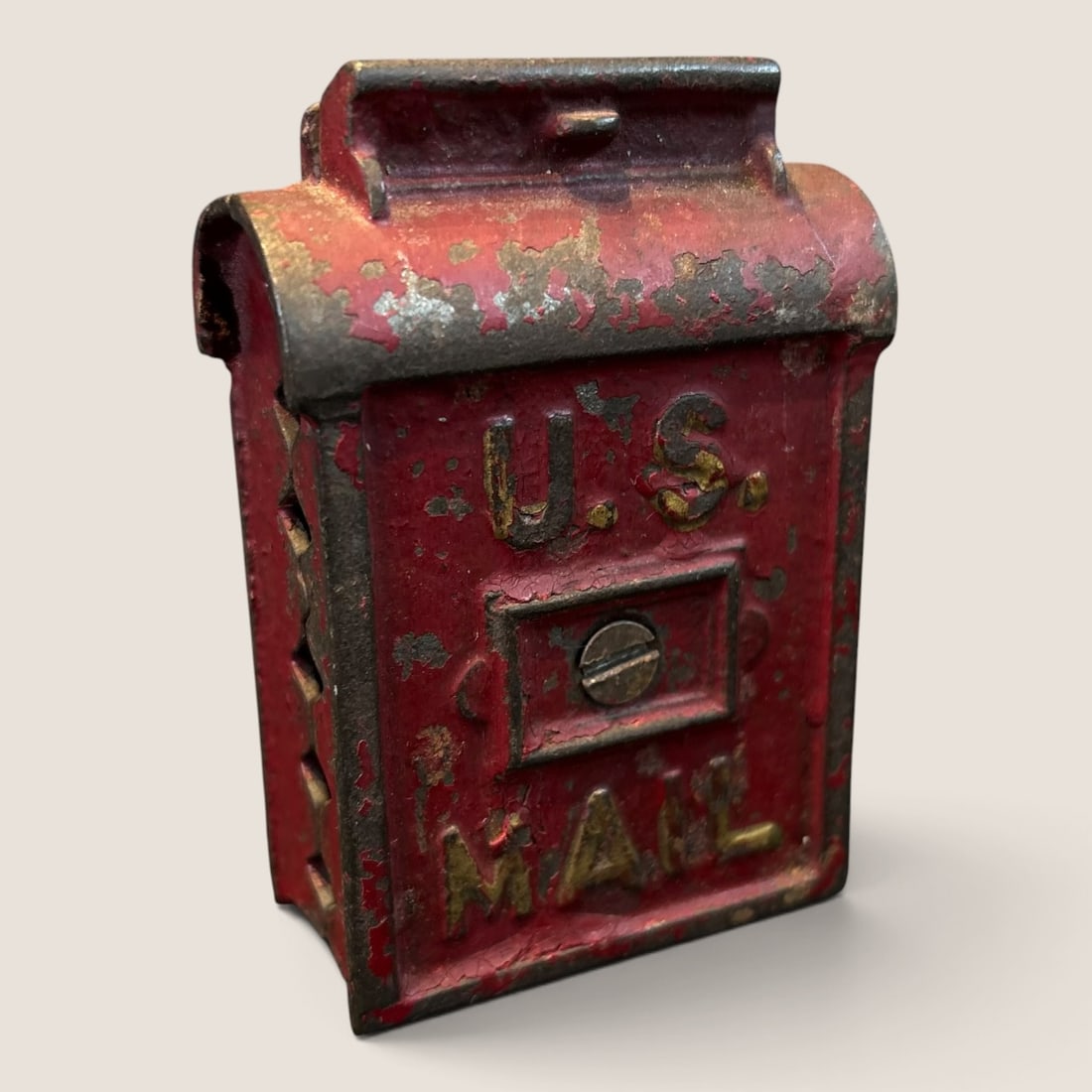 Antique Cast Iron U.S. Mail Bank: Nice antique U.S. Mail bank 3 3/4 tall x 2 1/2 wide all original Bid directly at Bid.Ziebarths.com for a lower buyers premium (18%). We offer in-house shipping on all items.