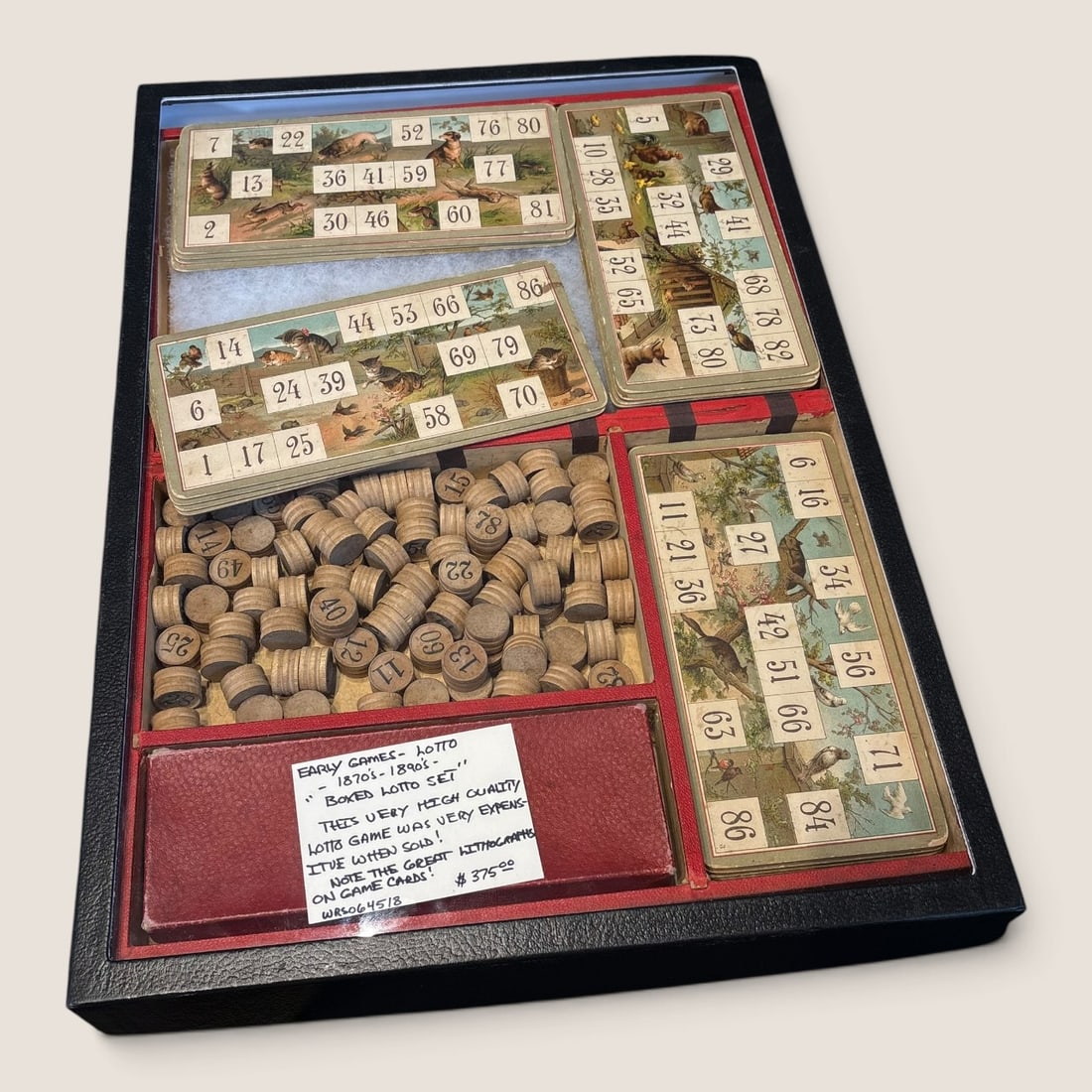 1870s-1890s Boxed Lotto Set High Quality Set: This is an early high quality Boxed Lotto Set Note the great graphics on the cards ! Very nice set Bid directly at Bid.Ziebarths.com for a lower buyers premium (18%). We offer in-house shipping on all