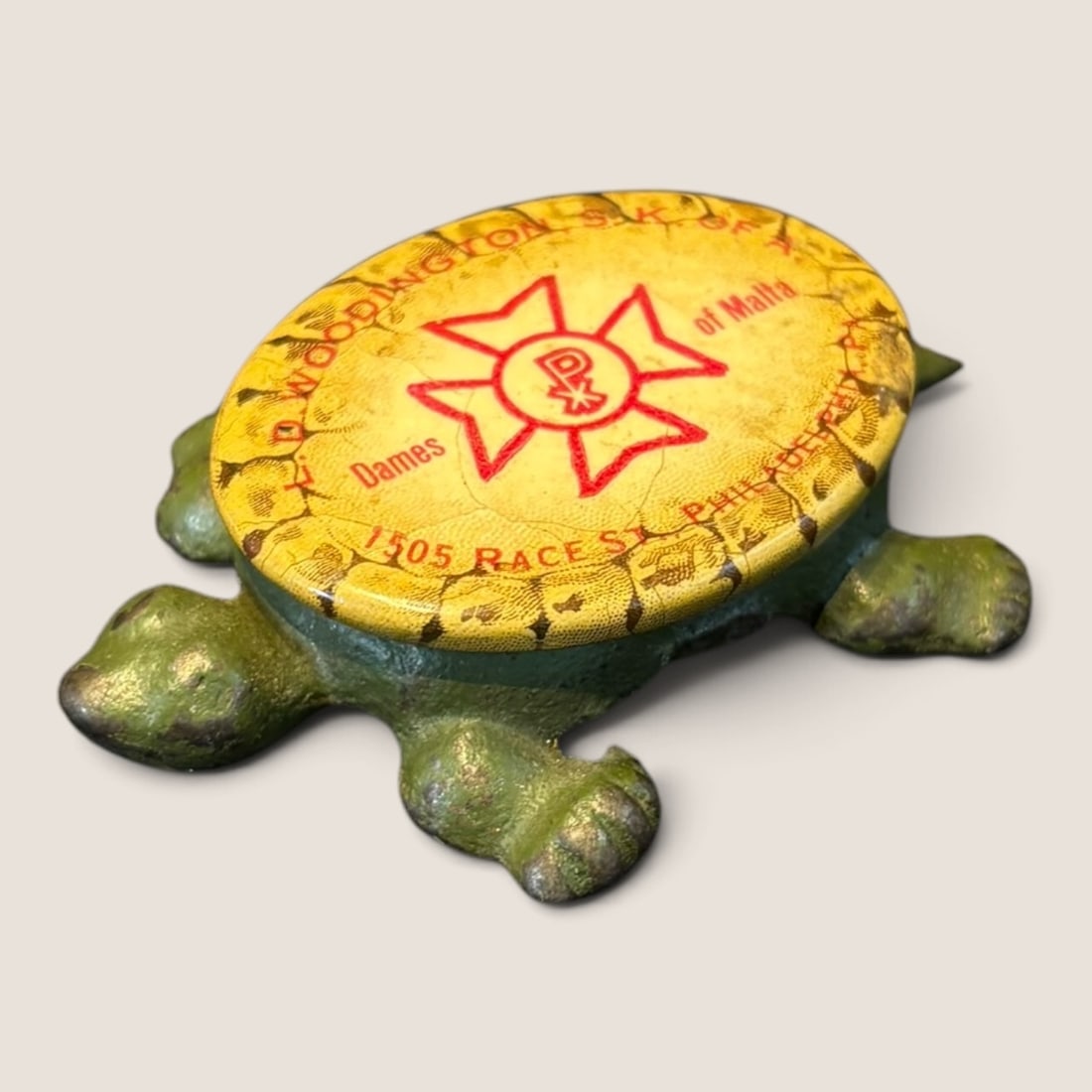 Early 1900s Advertising Cast Iron Turtle With Celluloid Advertising Top: Early cast iron advertising turtle with celluloid advertising top Dames of Malta Philadelphia. 2 1/4 inch long Bid directly at Bid.Ziebarths.com for a lower buyers premium (18%). We offer in-house shi