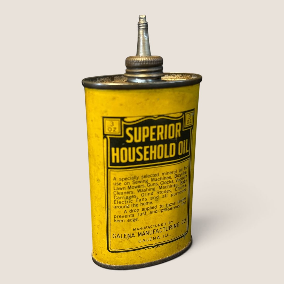 Rare Superior Household Oil 3 Oz Can: A rare 3 oz. Superior Household Oil Can from mGalenam Illinois in excellent condition Bid directly at Bid.Ziebarths.com for a lower buyers premium (18%). We offer in-house shipping on all items.