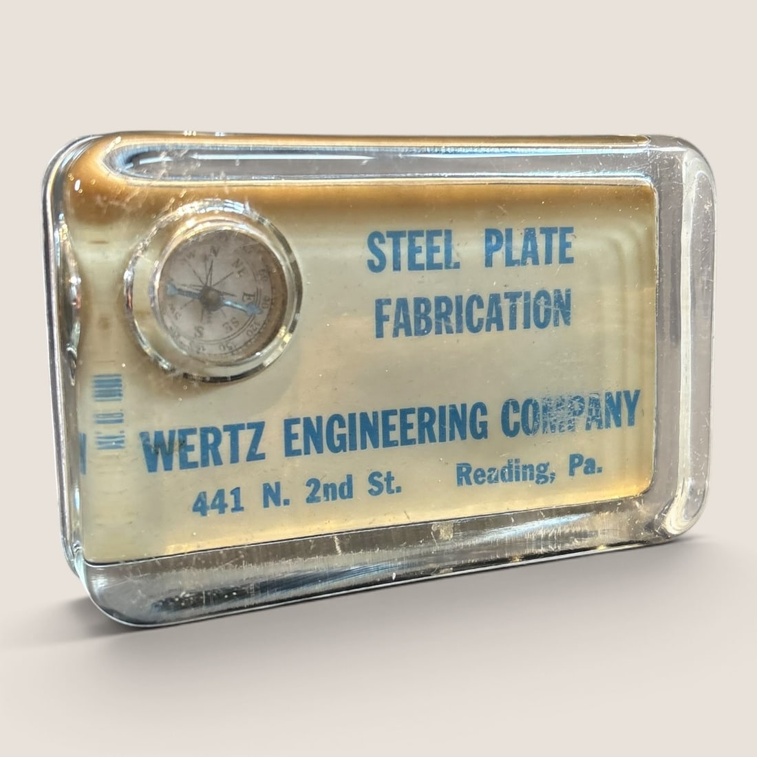 Antique Advertising Glass Paperweight Wertz Engineering Company Compass Inside: Good clean antique advertising glass paperweight Wertz Engineering Company Reading Pa. Unusual with compass inside 4 1/4 x 2 3/4 excellent Bid directly at Bid.Ziebarths.com for a lower buyers premium 