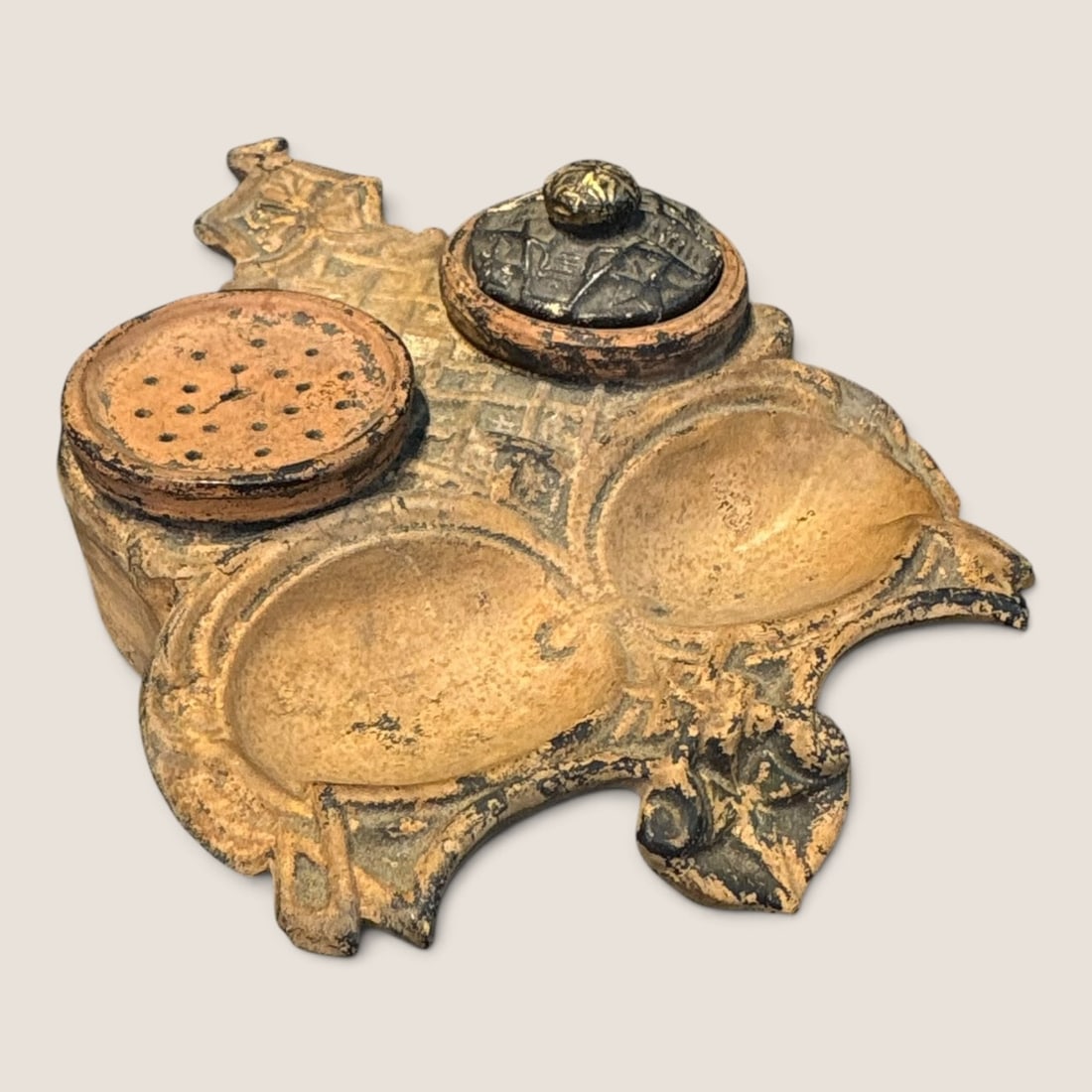 Rare Antique Pottery Inkwell: Rare pottery inkwell complete with jars and lid excellent Bid directly at Bid.Ziebarths.com for a lower buyers premium (18%). We offer in-house shipping on all items.