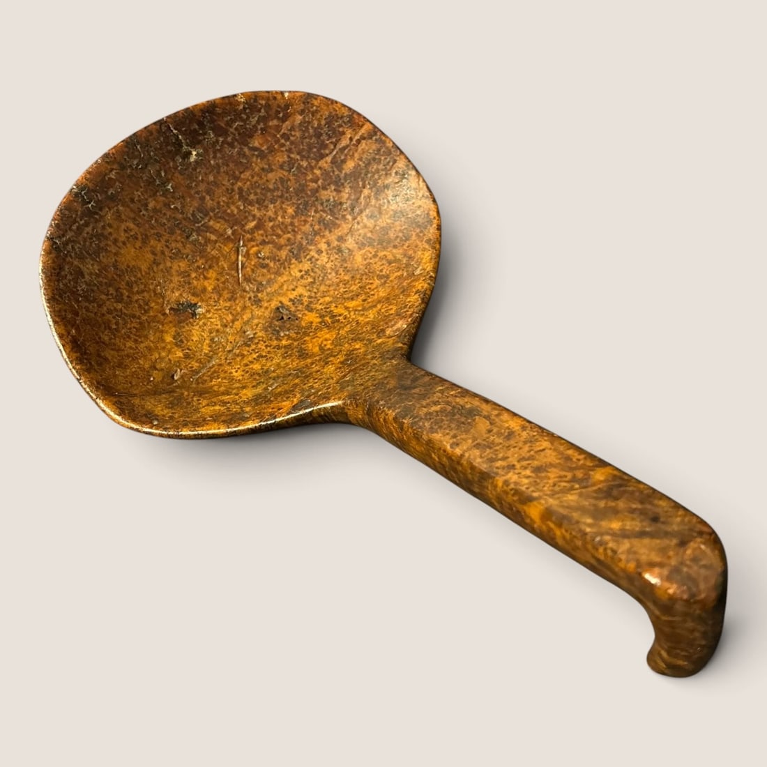 Fine Ash Burl Hand Carved Ladle: Likely Native American, large in size and in excellent condition. One of the finest ash burl ladles one will come across, measuring approx 9 inches in length with a 6 x 5 inch bowl.We offer effecient