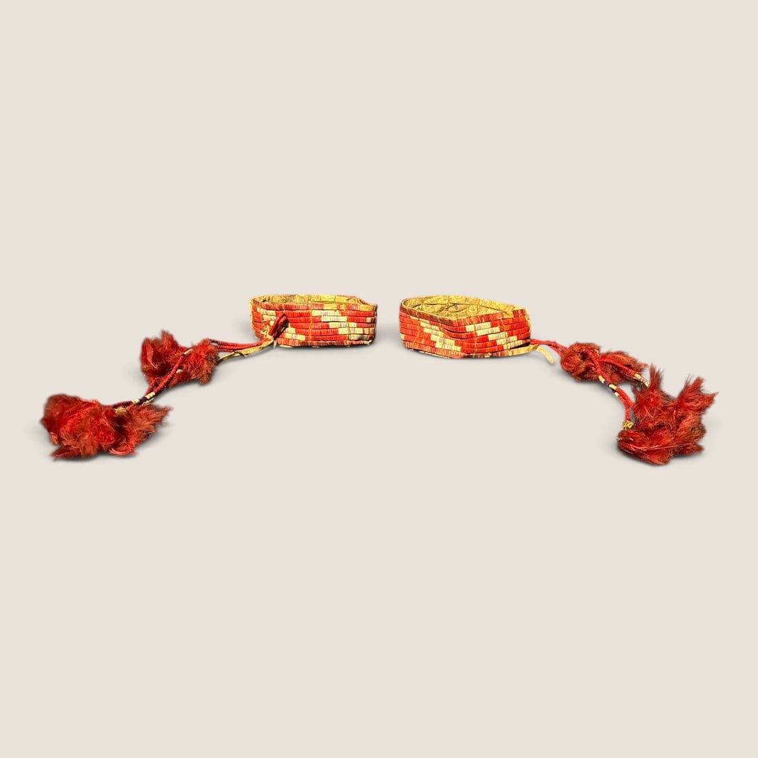 Rare Sioux Quilled Leg/Arm Bands: Fine example of a pair of 19th c quilled arm bands with quilled cone and feather ornaments. The hide has stiffineded but a fine example.We offer effecient & affordable in-house shipping on all items i