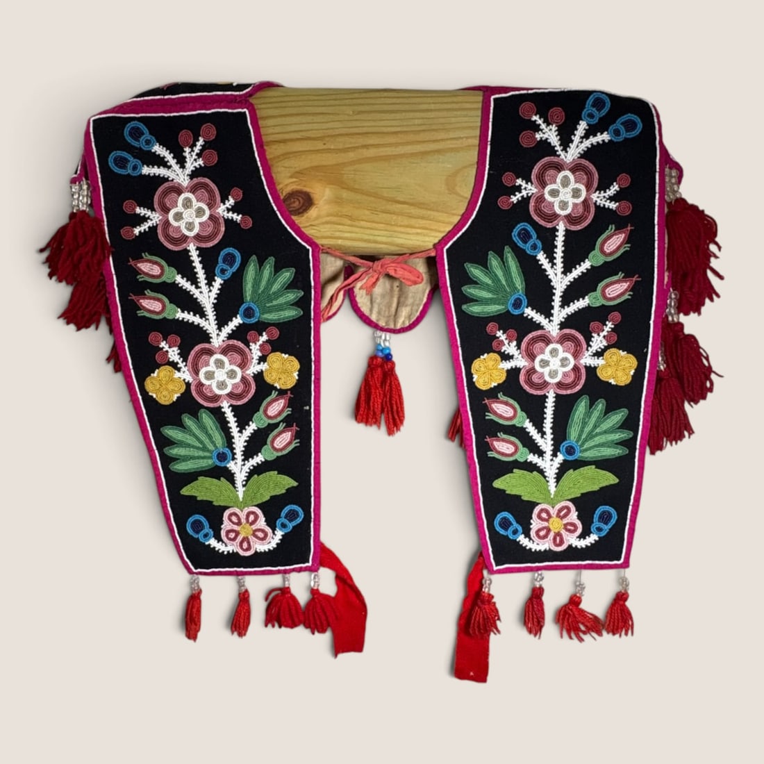 Great Lakes (Ojibwe) Ceremonial Beaded Bib/Apron: Rare! An exceptional great lakes ceremonial bib or apron, in excellent condition. Elaborate floral beadwork. Circa 1900-1920. Measures approx 27 x 26 inches.We offer effecient & affordable in-house