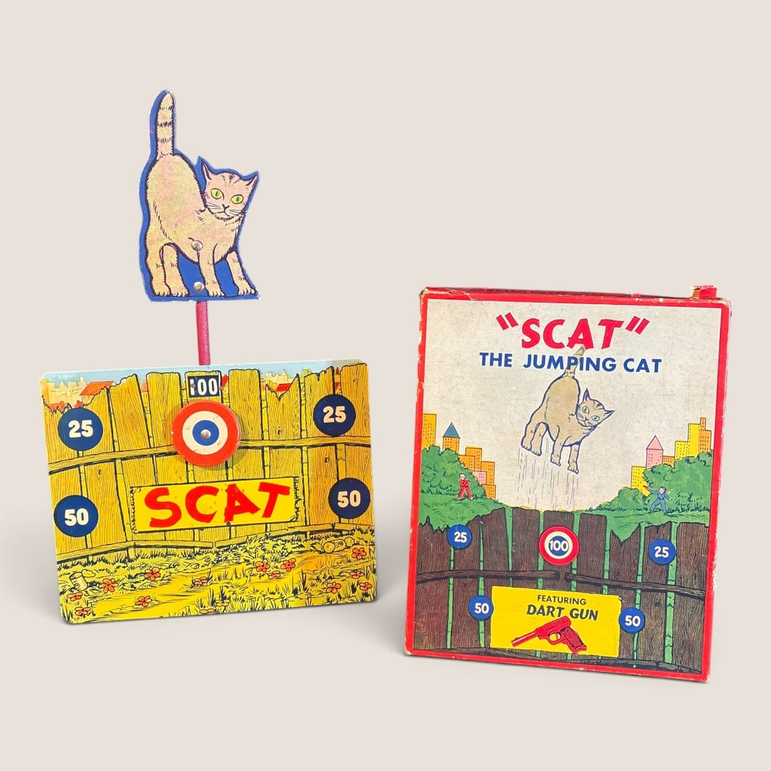 Vintage " Scat " The Jumping Cat Game With The Original Box: Vintage " Scat " The Jumping Cat " dart game with the original box, dart gun missing and box bottom damagedWe offer effecient & affordable in-house shipping on all items in this auction. Bid directly 