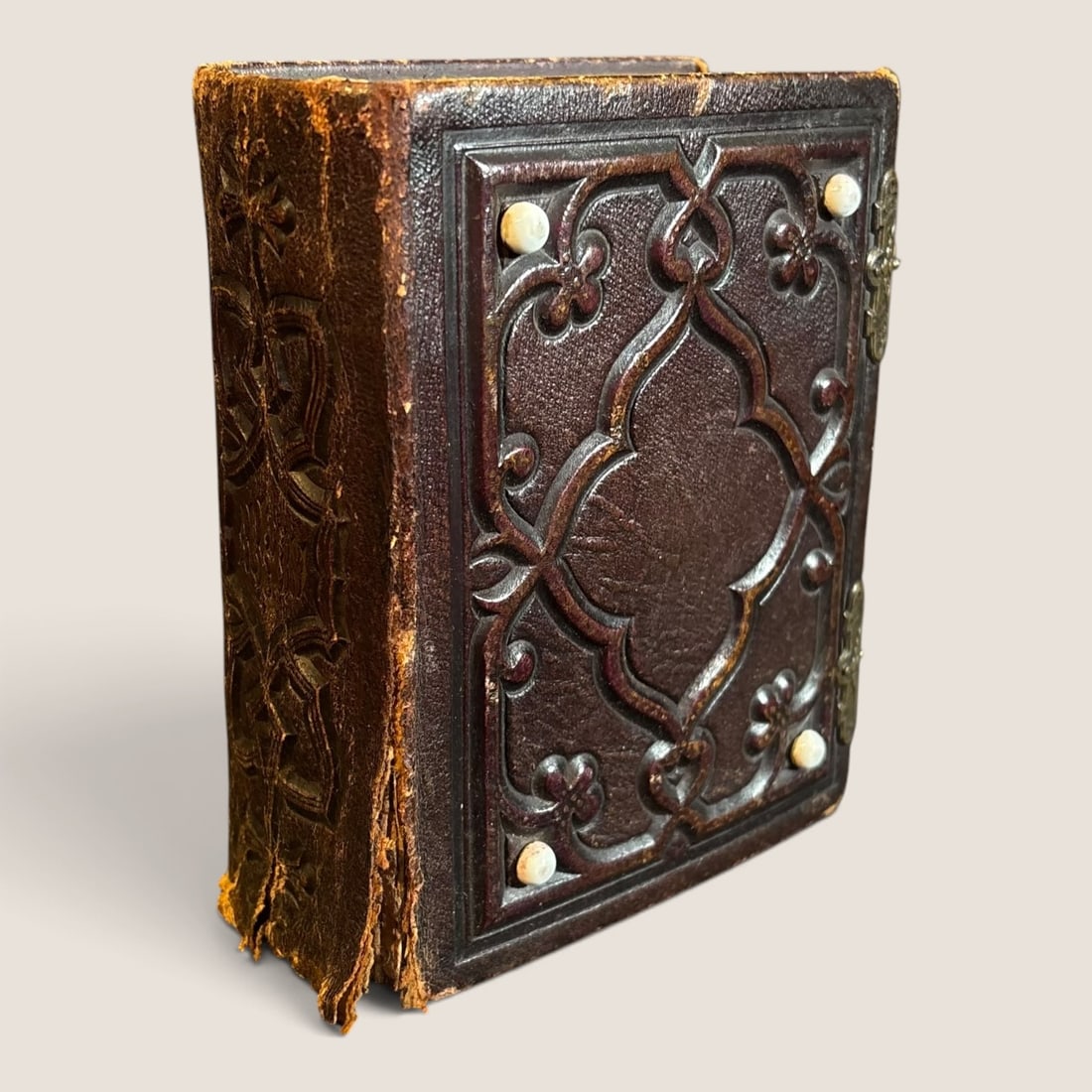 Small Antique Photo Album With 40 Tin Type Photos: Small antique photo album with 40 antique tintype photos, 6 x 5 x 2 1//4, clasps are good , pages are all there, some damage to outer binding.We offer effecient & affordable in-house shipping on all
