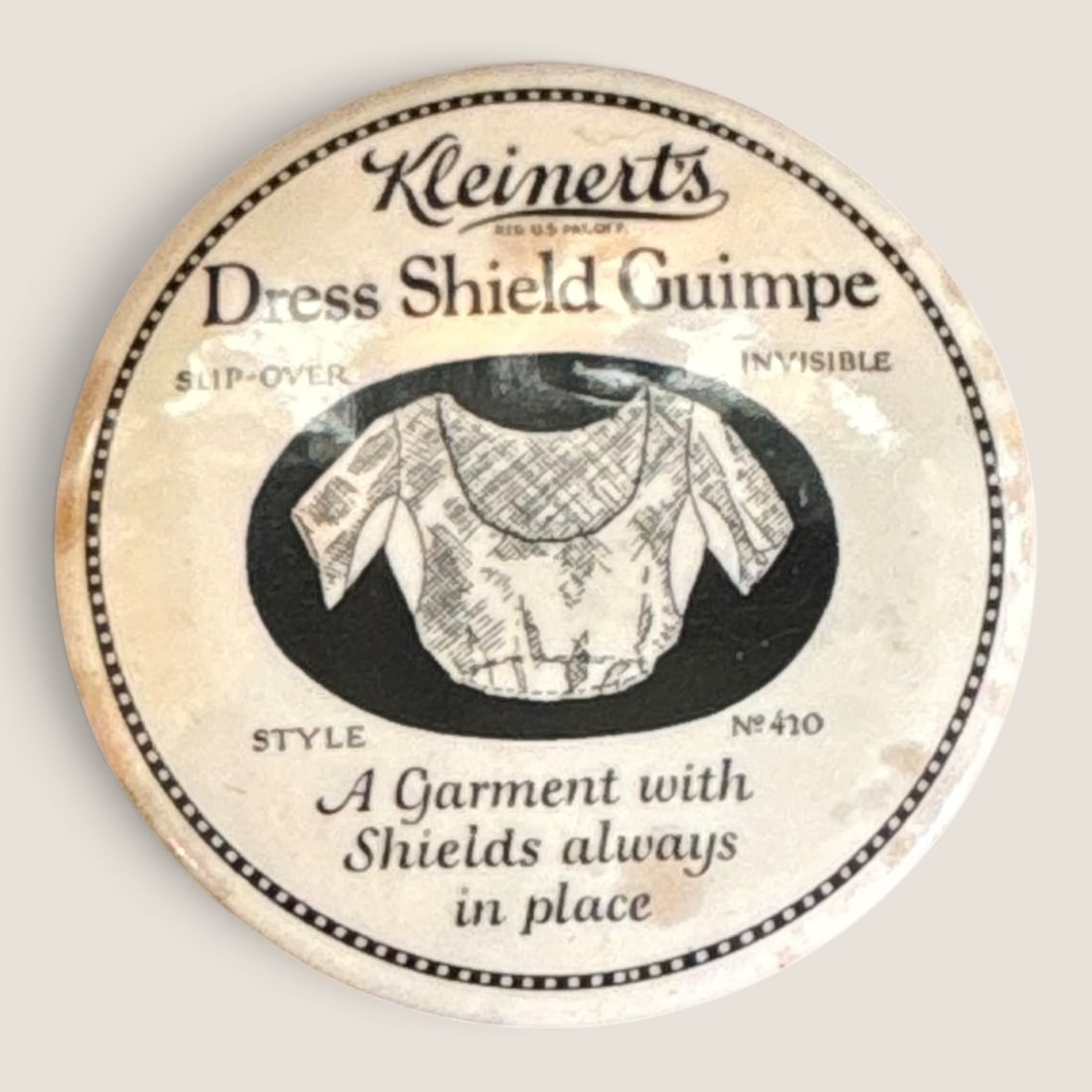 Antique Advertising pocket Mirror " Kleinert's Dress Shield Guimpe ": Antique " Kleinert's " advertising pocket mirror, 2 inch, excellent original conditionWe offer effecient & affordable in-house shipping on all items in this auction. Bid directly at Bid.Ziebarths.com