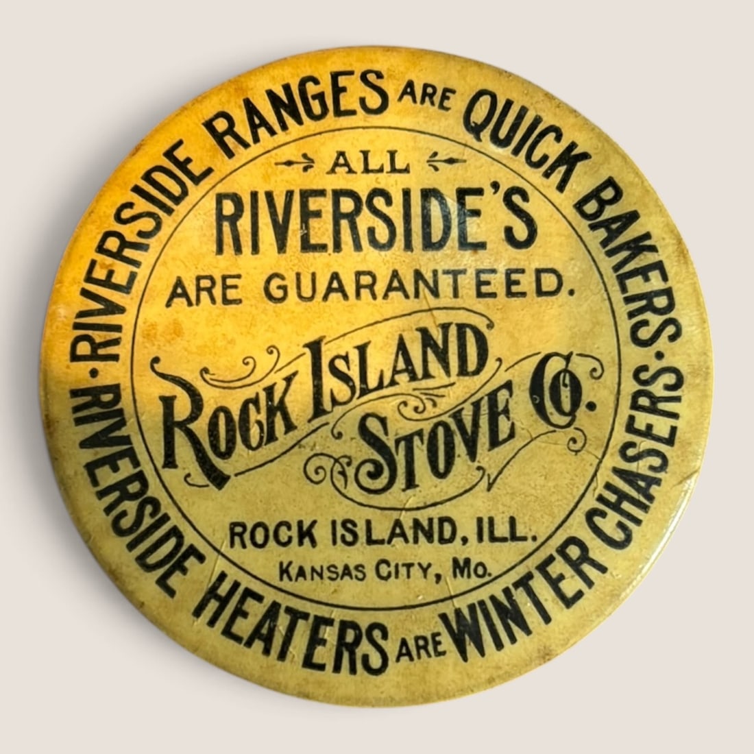 Antique " Rock Island Stove Co. " Advertising Pocket Mirror: Antique " Rock Island Stove Co. " advertising pocket mirror, 1 3/4 inchesWe offer effecient & affordable in-house shipping on all items in this auction. Bid directly at Bid.Ziebarths.com for our