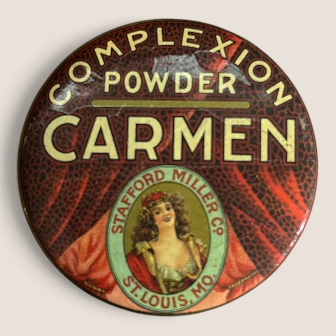 Antique " Carmen Complexion Powder " Advertising Pocket Mirror: Antique " Carmen Complexion Powder " advertising pocket mirror, 1 3/4, excellentWe offer effecient & affordable in-house shipping on all items in this auction. Bid directly at Bid.Ziebarths.com for