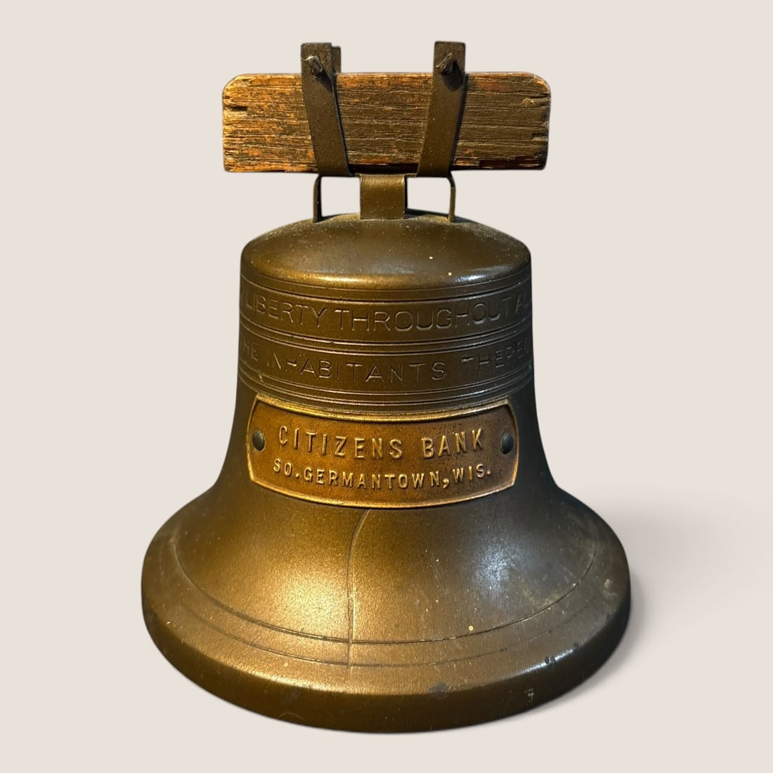 Antique Brass Liberty Bell Still Bank, " Citizens Bank , Germantown Wis. " (1 of 2)
