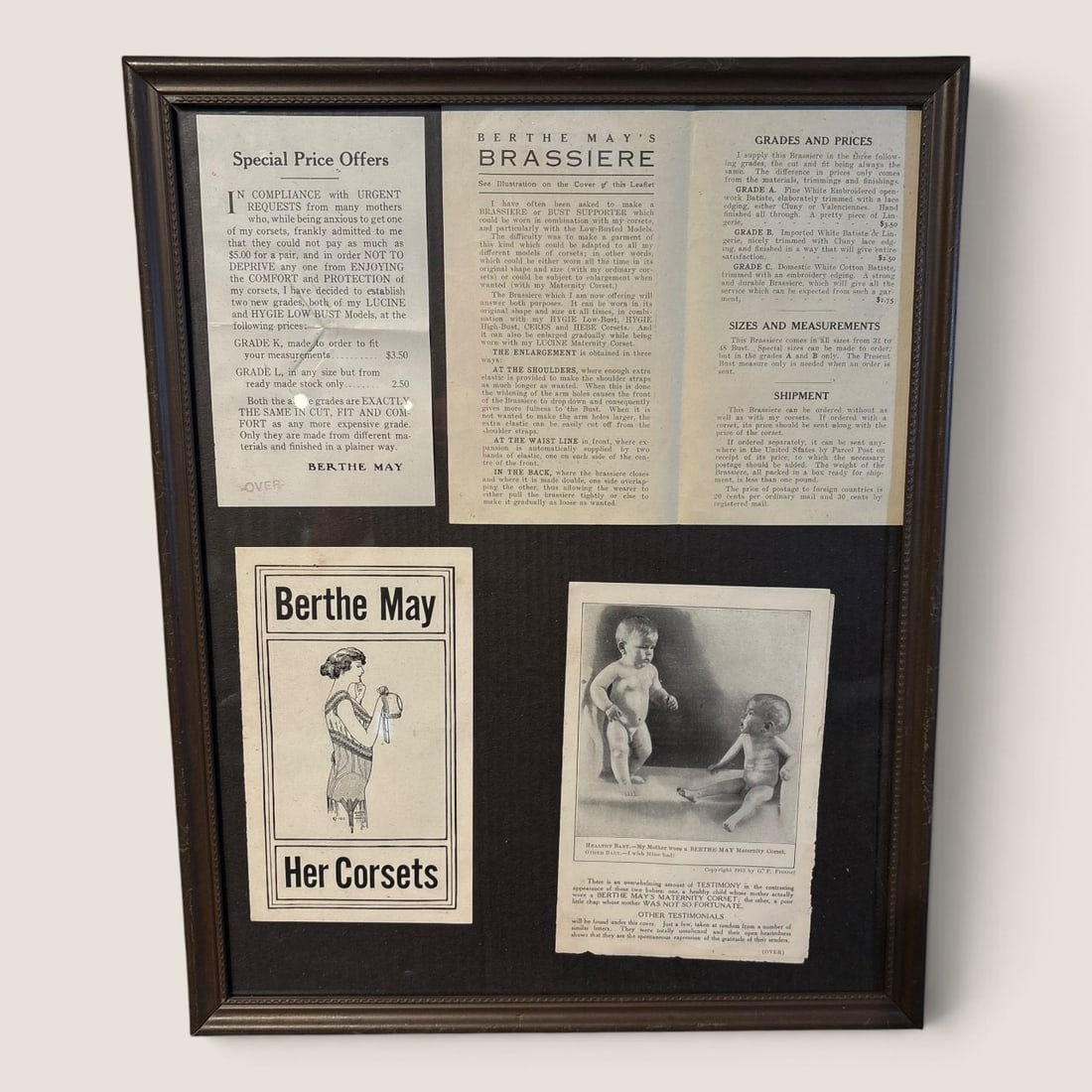Antique " Berthe May " Corsets & Brassieres Advertisements: Framed set of antique " Berthe May Corsets & Brassieres " advertisementsWe offer effecient & affordable in-house shipping on all items in this auction. Bid directly at Bid.Ziebarths.com for our lowest