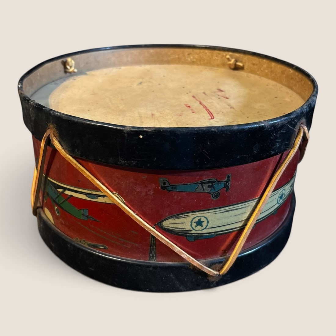 Antique Tin Toy Drum With Airplanes (1 of 2)