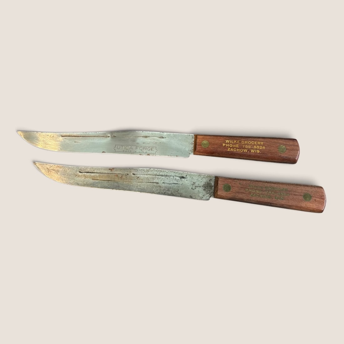 1960's Christmas Store Giveaway Knives: Pair of MCM advertising store give-away knives, " Wike Grocery Zachow Wis. ", 12 1/2 longWe offer effecient & affordable in-house shipping on all items in this auction. Bid directly at