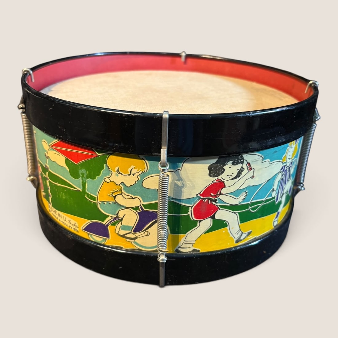 Vintage Childs Toy Drum , Kids Playing: Vintage childs drum, kids playing around side, colorful, 9 round x 4 high, goodWe offer effecient & affordable in-house shipping on all items in this auction. Bid directly at Bid.Ziebarths.com for