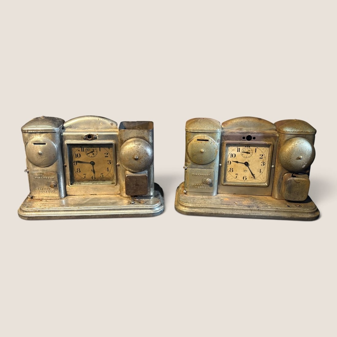 2 Rare " Darche Mfg. Co " Coin Safety Bank Alarm Clock Combination: Pair of rare antique " Darche Mfg. Co. " coin bank alarm clock combination units, various conditions, both for one moneyWe offer effecient & affordable in-house shipping on all items in this auction.