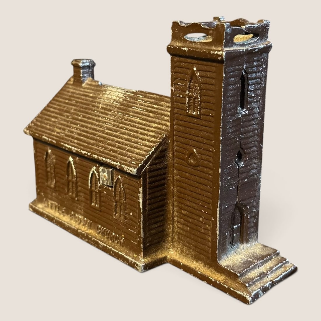 Vintage Metal Church Bank: Vintage Metal Church Bank, 5 1/4 longWe offer effecient & affordable in-house shipping on all items in this auction. Bid directly at Bid.Ziebarths.com for our lowest buyers premium (18%)!