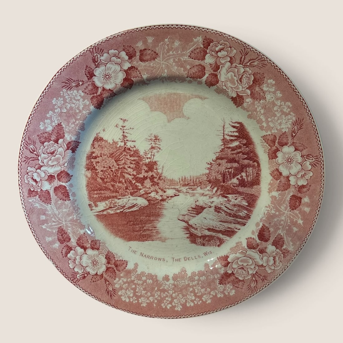 Staffordshire Pink Transferware 10 1/2 Inch Plate, " Wisconsin Dells Narrows " Wisconsin (1 of 2)