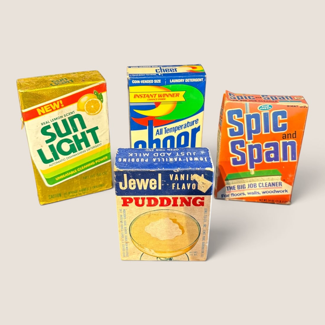 Set 4 Vtg Miniature Advertising Boxes: Sun Light, Cheer, Jewel, Spic & Span: An assortment of four vintage miniature product boxes constructed of printed cardboard, dating from approximately the 1960s to the 1970s. The group includes household cleaning and food brands Sun Ligh