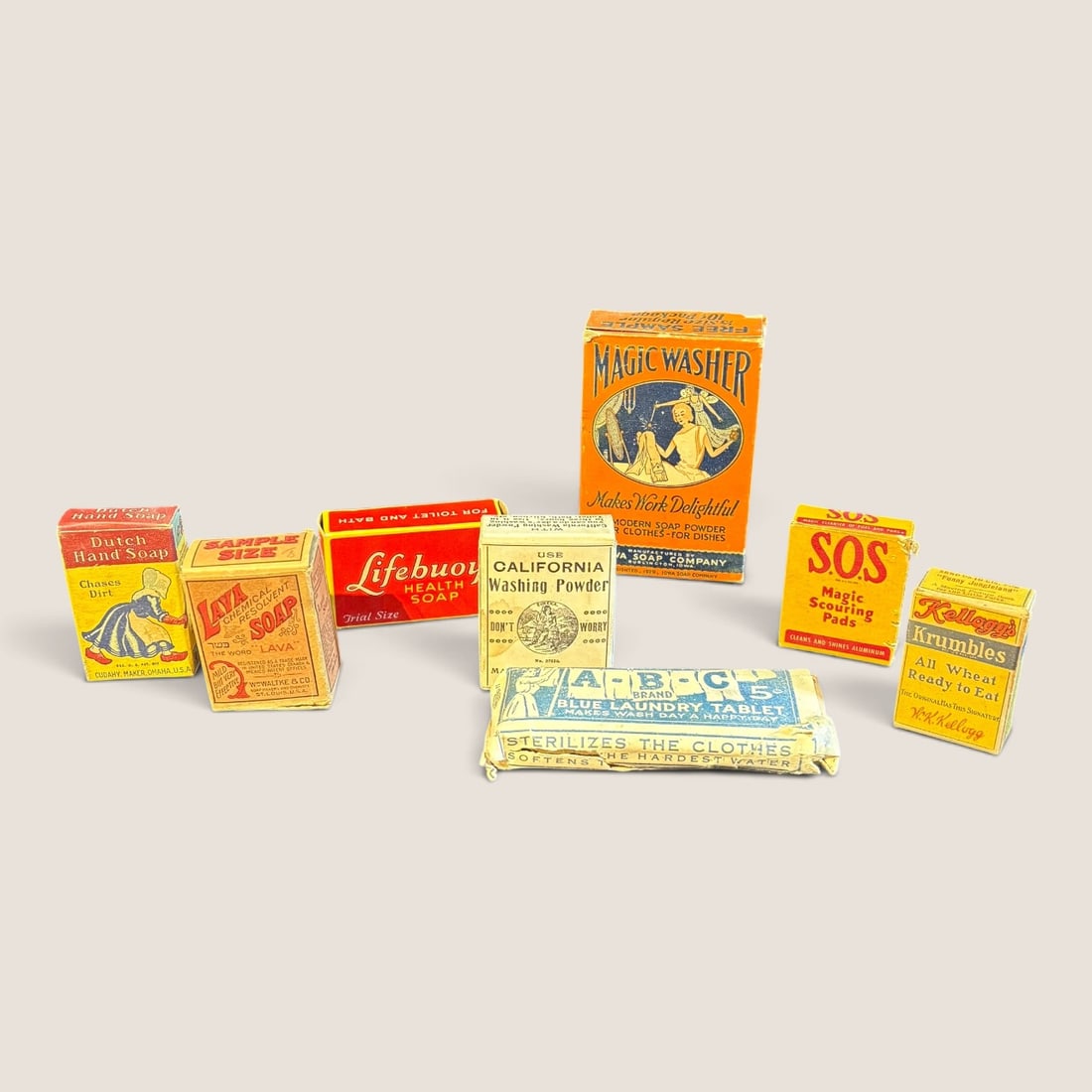 Set 8 Vtg Miniature & Sample-Size Household Product Packages: A group of eight vintage miniature and sample-size household product packages, dating from the late 1920s to the 1930s. This collection features cardboard and paper packaging with original advertising