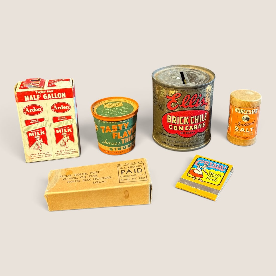 Vtg Mid-Century American Grocery Advertising & Packaging Ephemera: An assortment of six pieces of vintage American commercial packaging and promotional ephemera, dating to the mid-20th century. The collection includes a paper Arden Farms Co. half-gallon milk carton f
