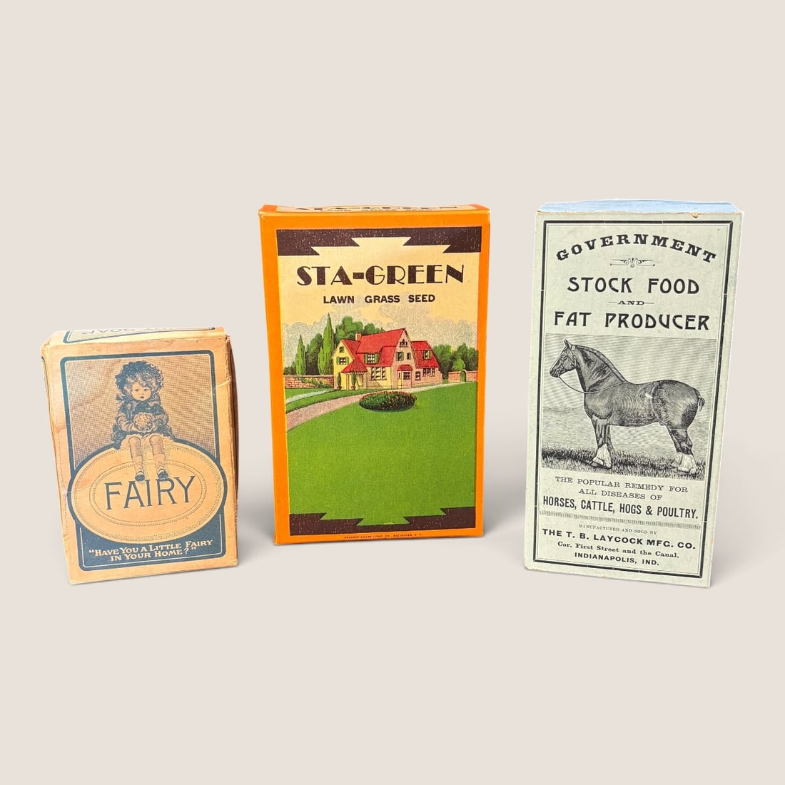 Trio Vtg American Advertising Boxes: Fairy Soap, Sta-Green & Gov Stock Food (1 of 1)