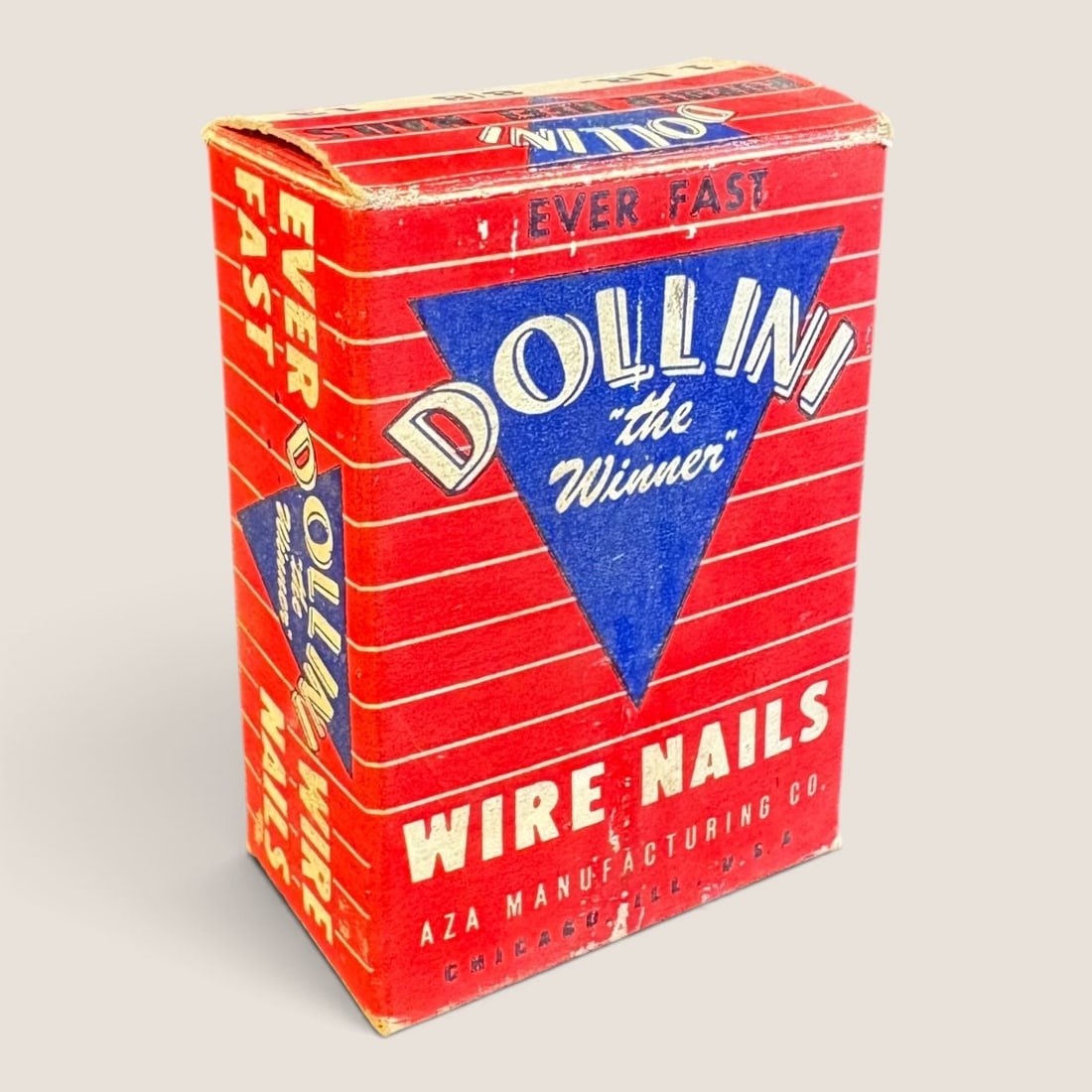 Dollin Wire Nails Vintage Cardboard Advertising Box: This vintage paperboard product box for Dollin brand wire nails features mid-century industrial graphic design. The box is printed with a bold red background characterized by horizontal white pinstrip