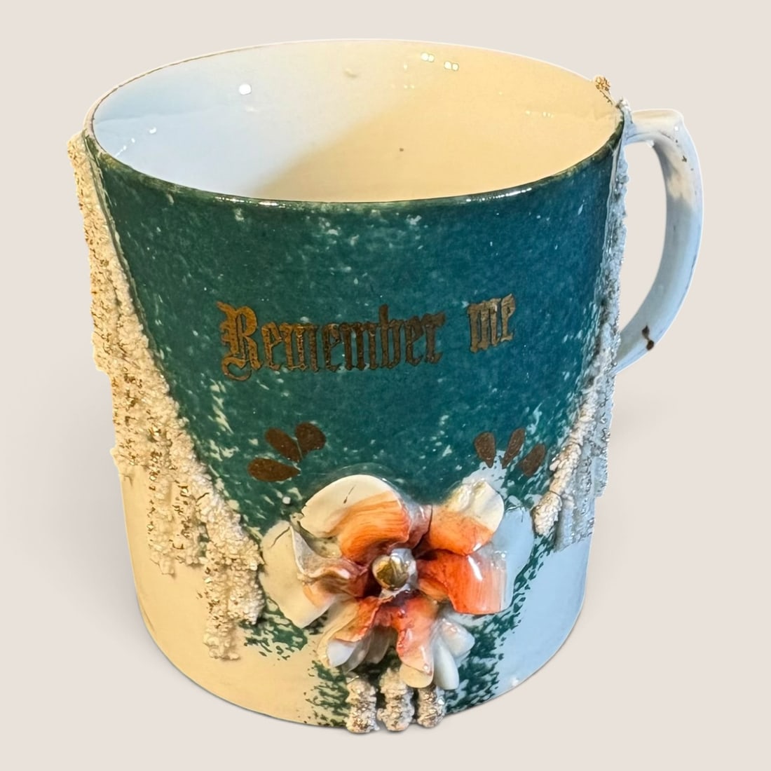 Late 19th C. German Porc. Remember Me Souvenir Mug w/ Relief Floral & Moss (1 of 2)