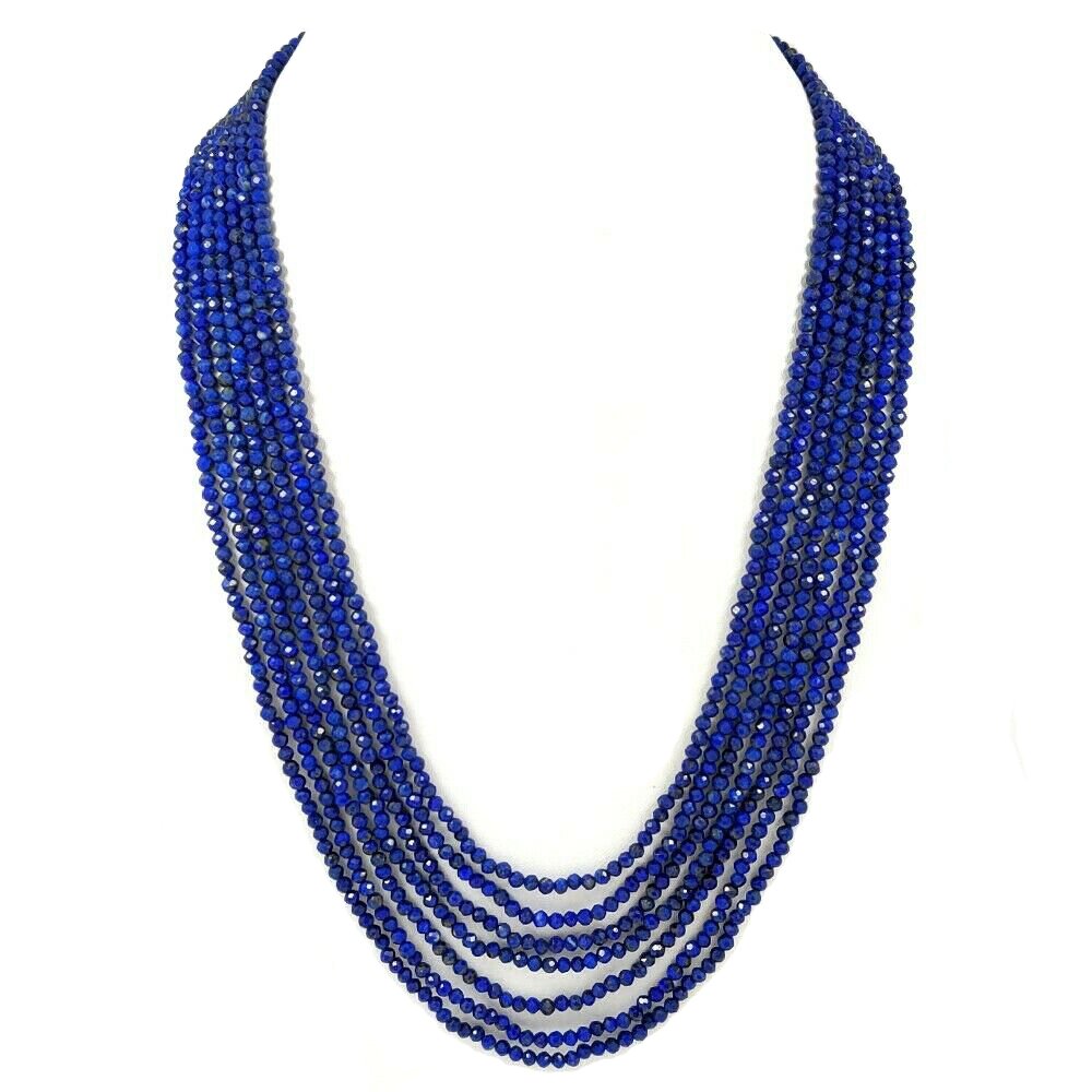 LAPIS LAZULI FACETED BEADS NECKLACE 279 CT, 7 STRAND: PRODUCT DESCRIPTION : NATURAL LAPIS LAZULI GEMSTONE 3.5 MM ROUND FACETED CUT BEADS NECKLACE 7 STRAND. Product Type : Beads Necklace Gemstone : Lapis Lazuli Color : Blue Beads Shape : Round Faceted Cut