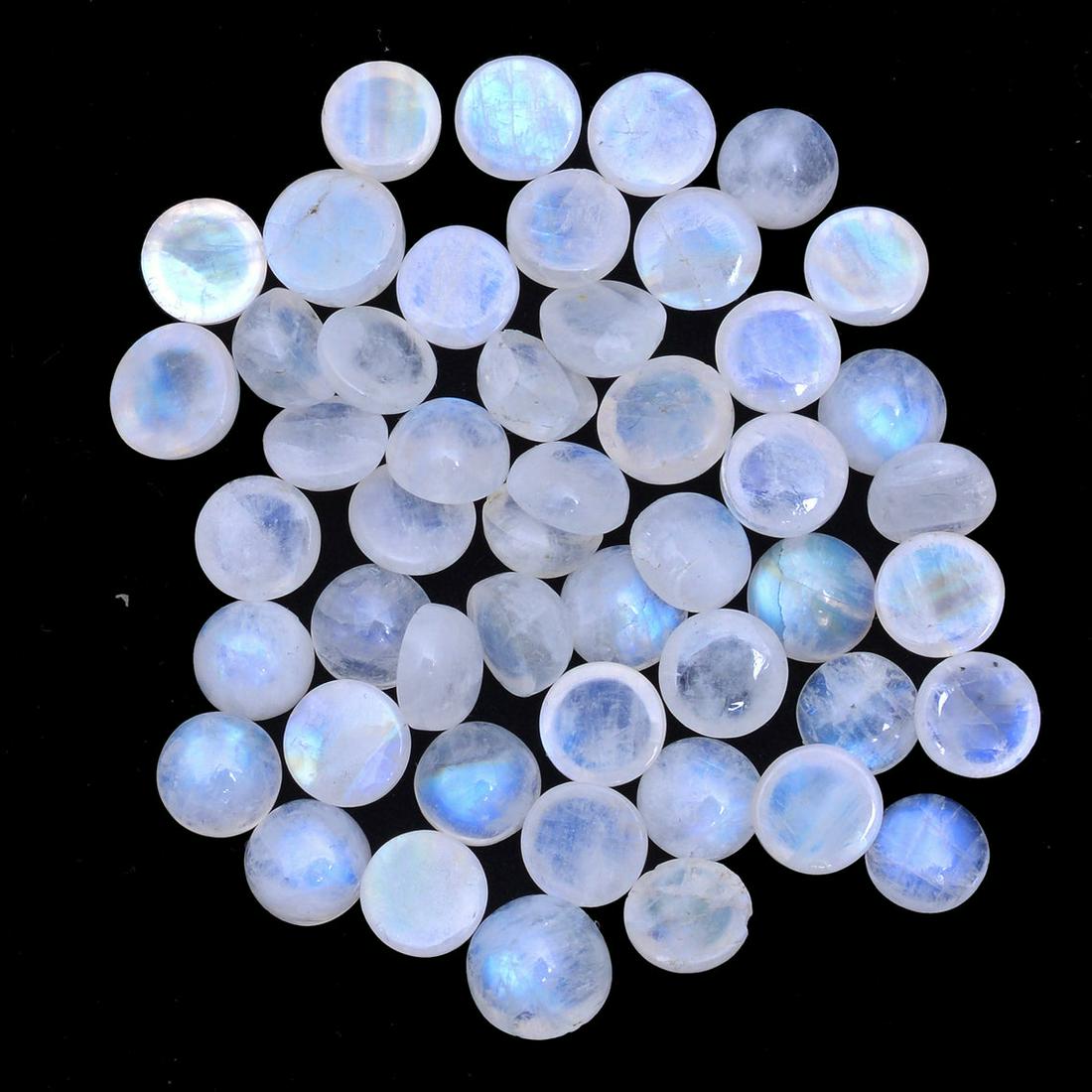 Natural Rainbow Moonstone 5 MM Round Cabochon 50 Pieces: Natural Rainbow Moonstone 5 MM Round Cabochon 50 Pieces Gemstone : Rainbow Moonstone Shape : Round Size : 5 MM Type : Cabochon Color : Rainbow Quantity : 50 Pieces Weight : 31 Carats Country of Origin
