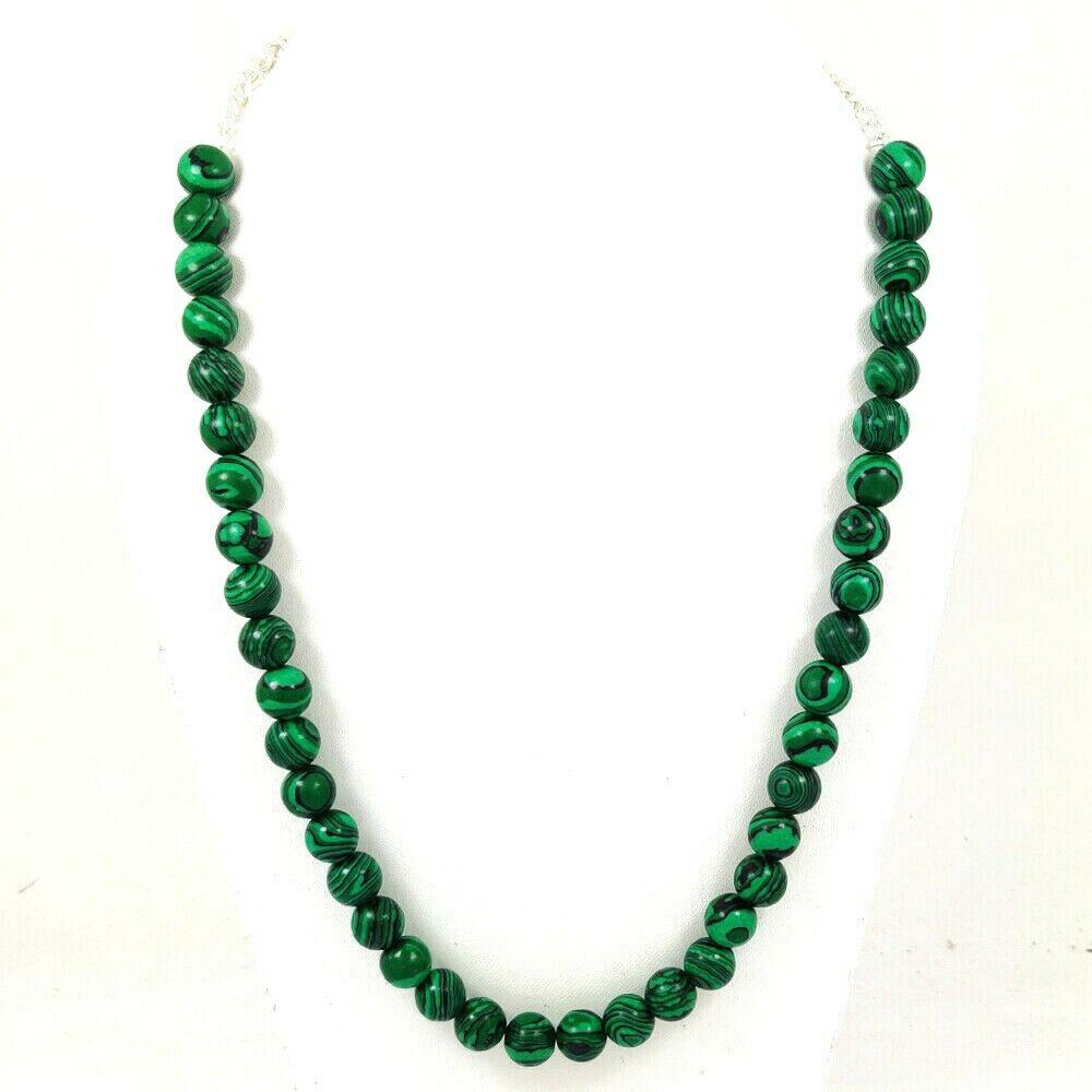 Malachite 10 MM Round Beads Necklace: PRODUCT DESCRIPTION - NATURAL MALACHITE GEMSTONE 10 MM ROUND BEADS 92.5 STERLING SILVER NECKLACE Product Type : Beads Necklace Gemstone : Malachite Color : Green Beads Shape : Round Plain Beads Size :