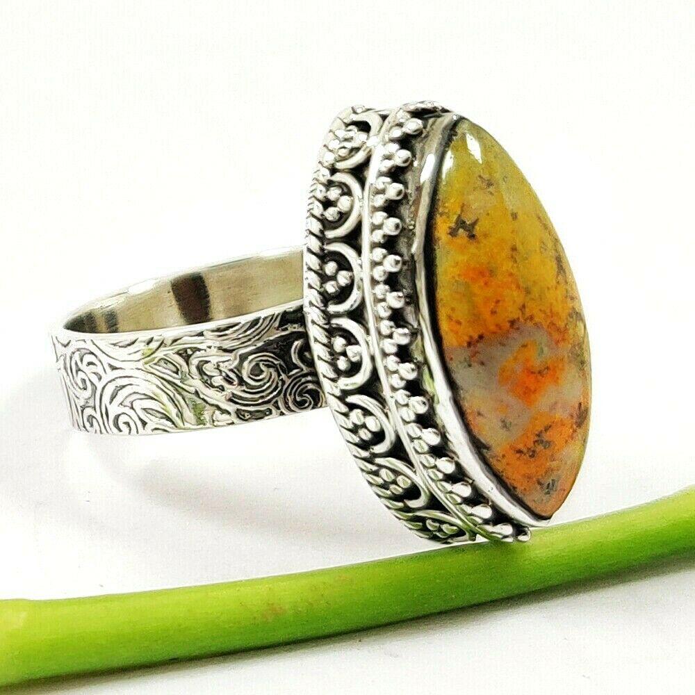BUMBLE BEE JASPEFR 92.5 STERLING SILVER RING: BUMBLE BEE JASPEFR 92.5 STERLING SILVER RING Product Type : RING Main Stone : JASPER Main Stone Shape : MARQUISE Main Stone Size : 10X20 MM Main Stone Color : MULTICOLOR Metal : STERLING SILVER Metal 