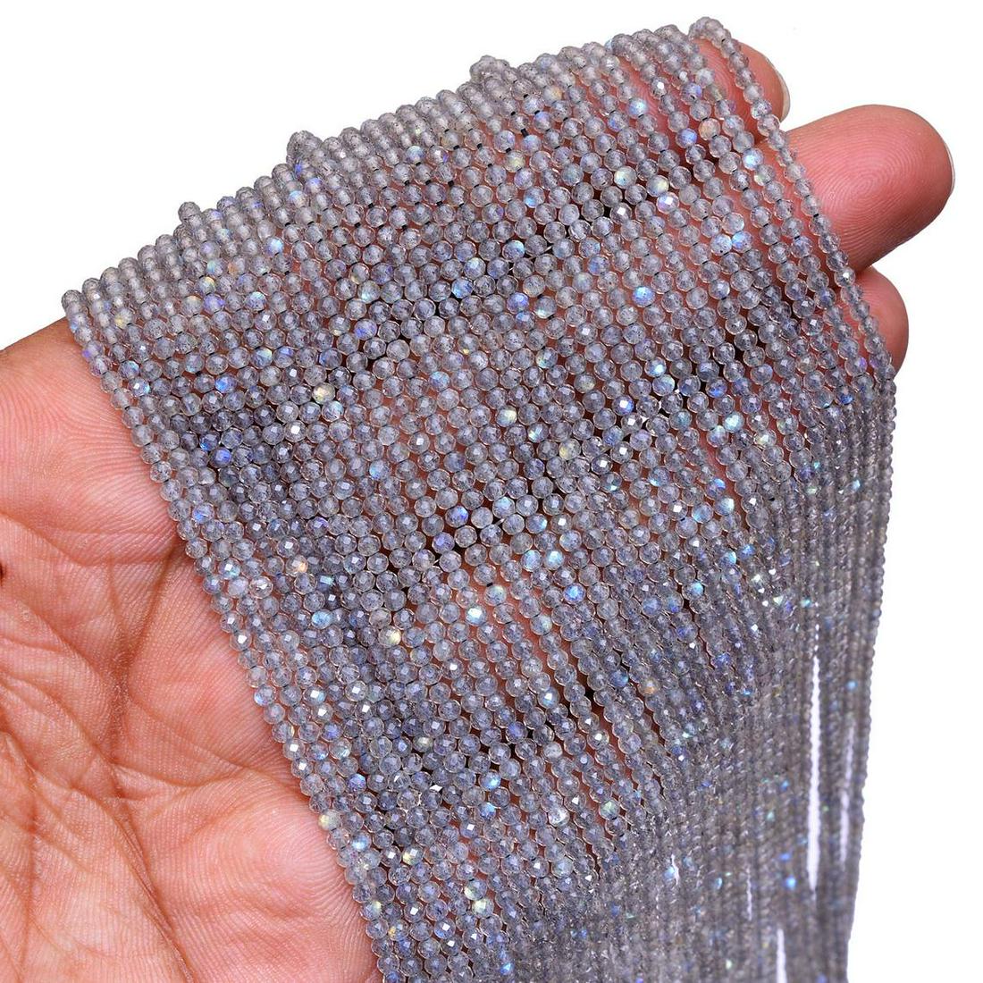 Labradorite Rondelle Micro Round Faceted Beads: Product Description : Natural Labradorite Gemstone Rondelle Micro 2 MM Round Faceted Beads 10 Lines Strand 13 Inches each Product Type : Loose Beads Strand Gemstone : Labradorite Color : Multicolor Be