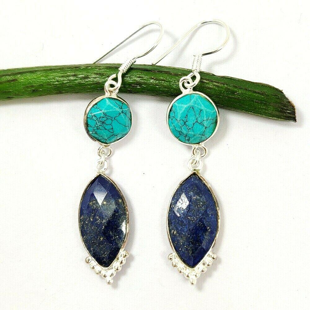 LAPIS LAZULI & TURQUOISE 92.5 STERLING SILVER EARRING: LAPIS LAZULI & TURQUOISE 92.5 STERLING SILVER EARRING Product Type : EARRING Main Stone : LAPIS LAZULI, TURQUOISE Main Stone Shape : MARQUISE Main Stone Size : 10X17 MM Main Stone Color : MULTICOLOR M