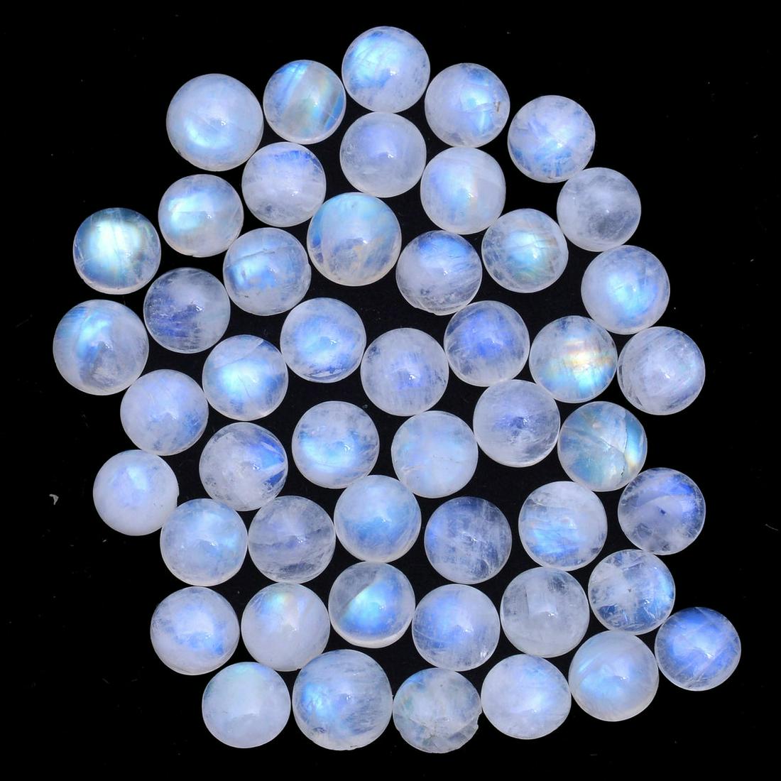 Natural Rainbow Moonstone 6 MM Round Cabochon 50 Pieces: Natural Rainbow Moonstone 6 MM Round Cabochon 50 Pieces Gemstone : Rainbow Moonstone Shape : Round Size : 6 MM Type : Cabochon Color : Rainbow Quantity : 50 Pieces Weight : 51.5 Carats Country of Orig