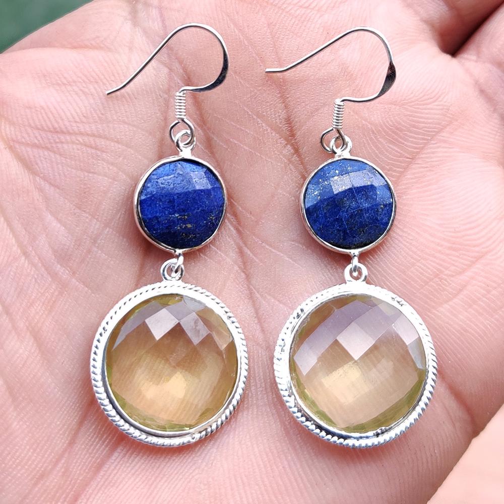 LEMON & LAPIS LAZULI 92.5 STERLING SILVER EARRING: LEMON & LAPIS LAZULI 92.5 STERLING SILVER EARRING Product Type : EARRING Main Stone : LEMON, LAPIS LAZULI Main Stone Shape : ROUND Main Stone Size : 17X17 MM Main Stone Color : MULTICOLOR Metal : STER