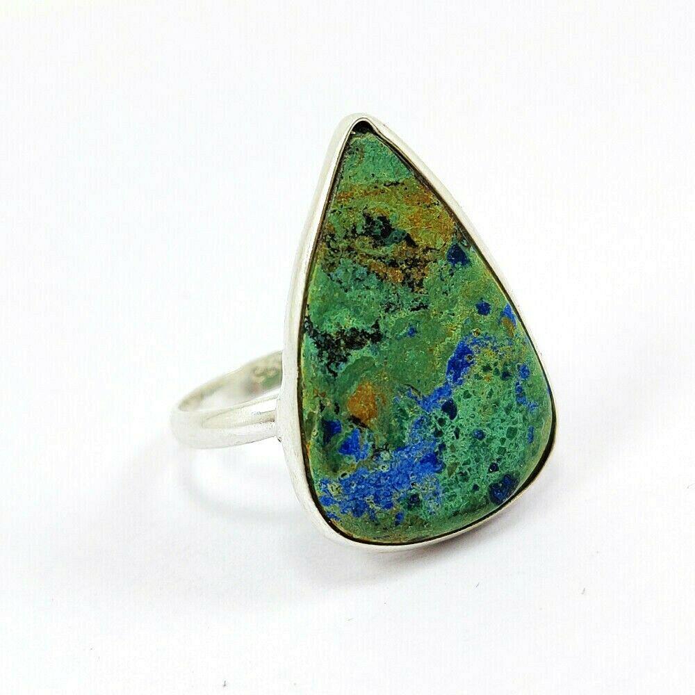 NATURAL AZURITE MALACHITE GEMSTONE 92.5 STERLING SILVER: NATURAL AZURITE MALACHITE GEMSTONE 92.5 STERLING SILVER RING Product Type : RING Main Stone : AZURITE MALACHITE Main Stone Shape : PEAR Main Stone Size : 25X20 MM Main Stone Color : MULTICOLOR Metal :