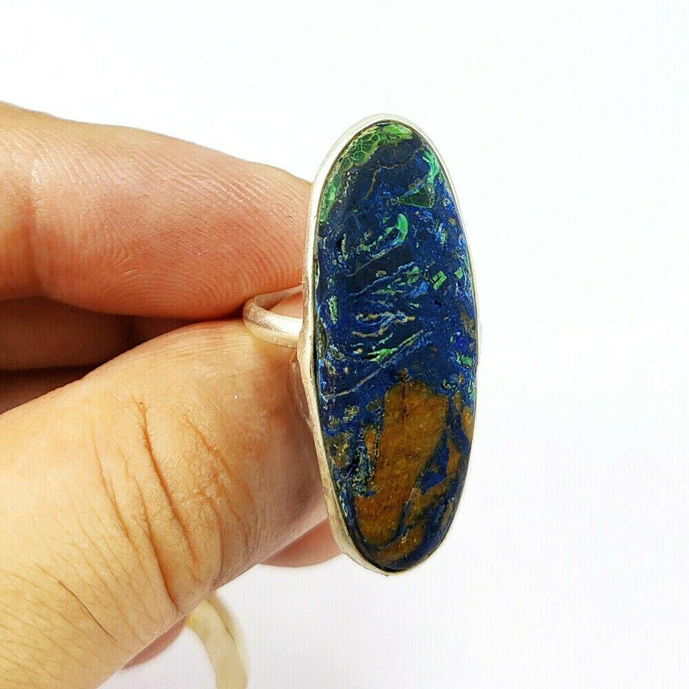 NATURAL AZURITE MALACHITE GEMSTONE 92.5 STERLING SILVER: NATURAL AZURITE MALACHITE GEMSTONE 92.5 STERLING SILVER RING Product Type : RING Main Stone : AZURITE MALACHITE Main Stone Shape : OVAL Main Stone Size : 36X13 MM Main Stone Color : MULTICOLOR Metal :