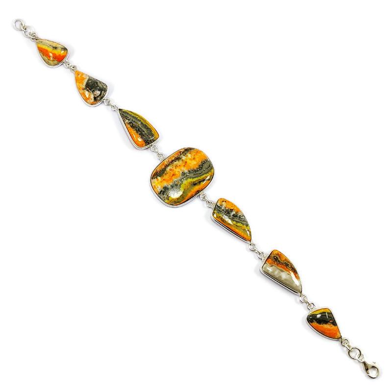 BUMBLE BEE JASPER 92.5 STERLING SILVER BRACELET: BUMBLE BEE JASPER 92.5 STERLING SILVER BRACELET Product Type : BRACELET Main Stone : BUMBLE BEE JASPER Main Stone Shape : MIX Main Stone Size : MIX MM Main Stone Color : MULTICOLOR Metal : STERLING SI