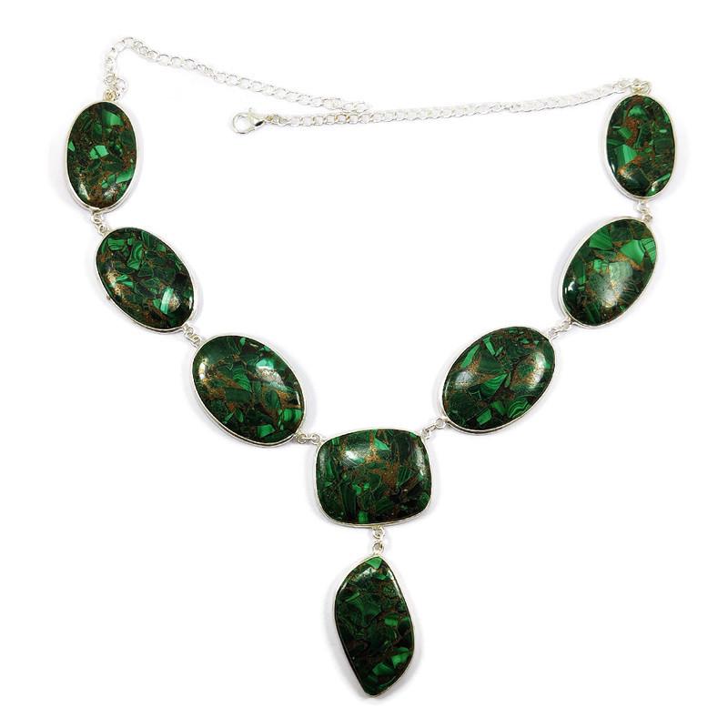COPPER MALACHITE GEMSTONE 92.5 STERLING SILVER NECKLACE: COPPER MALACHITE GEMSTONE 92.5 STERLING SILVER HANDMADE NECKLACE Product Type : NECKLACE Main Stone : COPPER MALACHITE Main Stone Shape : MIX Main Stone Size : MIX Main Stone Color : MULTICOLOR Metal 