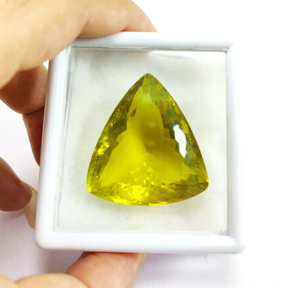 Lemon Quartz Trillion Faceted Cut 138.5 Carats Gemstone: Gemstone : Lemon Quartz Shape : Trillion Type : Faceted Cut Color : Green Size : 40x35x20 MM Weight : 138.5 Carats Country Of Origin : Brazil Country of Manufacture : India Shipping : Free Expedite sh