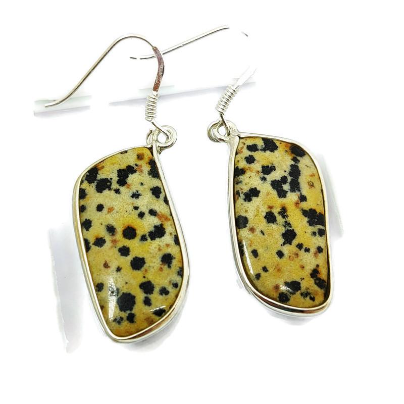 DALMATIAN JASPER GEMSTONE 92.5 STERLING SILVER EARRING: NATURAL DALMATIAN JASPER GEMSTONE 92.5 STERLING SILVER EARRING Product Type : EARRING Main Stone : DALMATIAN JASPER Main Stone Shape : FANCY Main Stone Size : 25X13 MM Main Stone Color : MULTICOLOR Me
