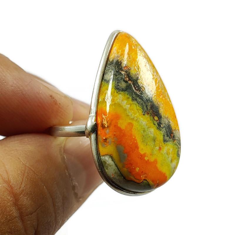 BUMBLE BEE JASPER 92.5 STERLING SILVER RING: BUMBLE BEE JASPER 92.5 STERLING SILVER RING Product Type : RING Main Stone : BUMBLE BEE JASPER Main Stone Shape : PEAR Main Stone Size : 30X17 MM Main Stone Color : MULTICOLOR Metal : STERLING SILVER 