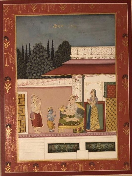 Indian Rajaslhani School Miniature Painting: Shows a saint sitting on a throne while little Krishna stand in front on him with flute in hand and his devotees stand with folded hand11 x 8, inv. # 57788