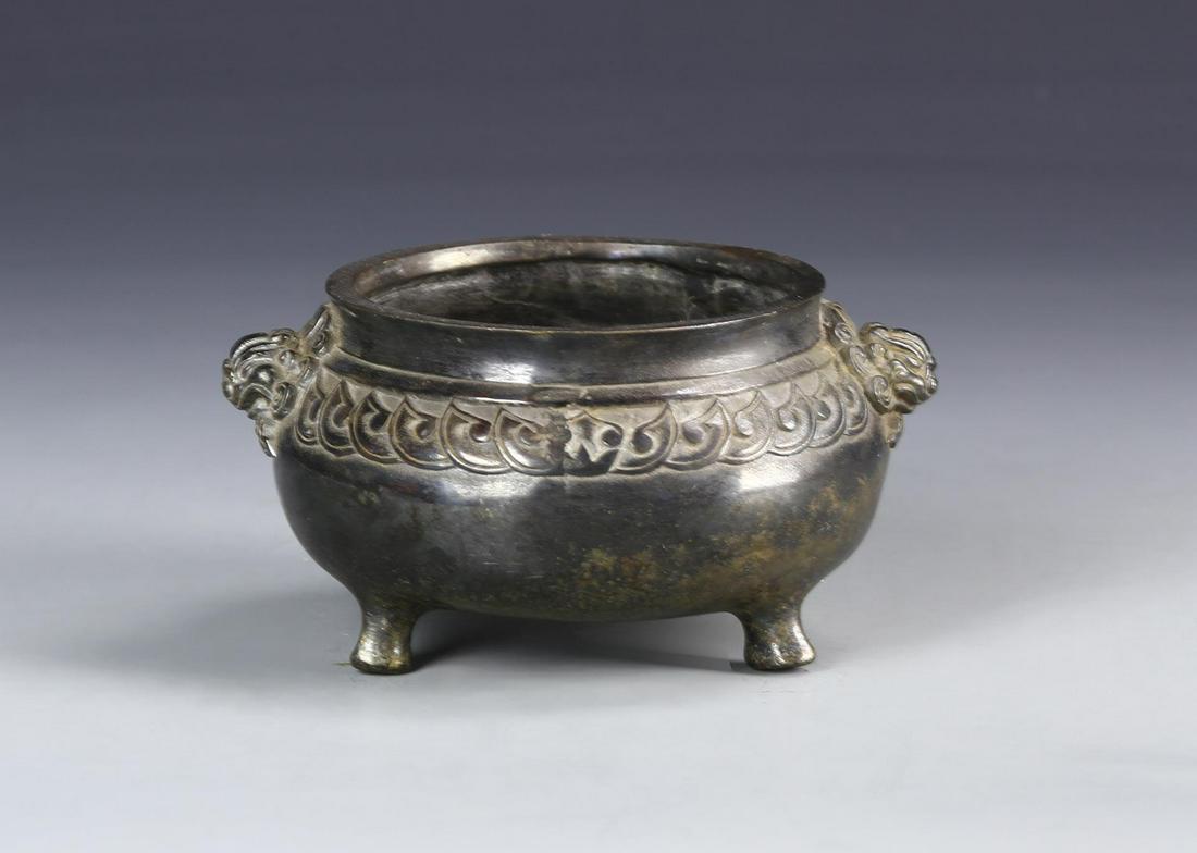 Chinese Bronze Tripod Censer: China, 18th C., bronze tripod censer, mark on base. Height 2 3/8 in., Width 4 1/2 in.