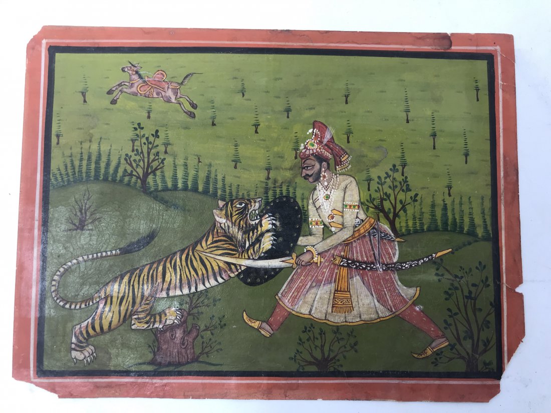Maharajah Slaying a Tiger: Indian Mewar school miniature of a Maharajah slaying a tiger Seen here is Maharaja or the king on a hunting trip slaying a tiger Size : 20 cms by 15 cms
